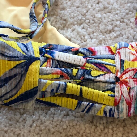 Women's Yellow Blue Floral Adjustabel Padded Top High Waisted Cheeky Bikini - Picture 3 of 14